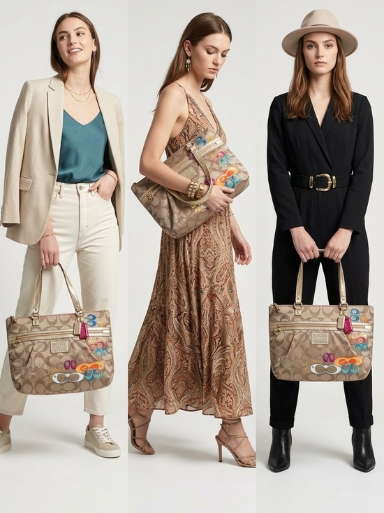 Coach Handbags - Coach Gold And Beige Signature Tote with Multicolor Patch Details